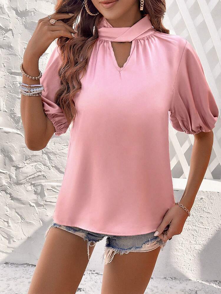 Solid Color Twist Knot Puff Short Sleeve Blouse