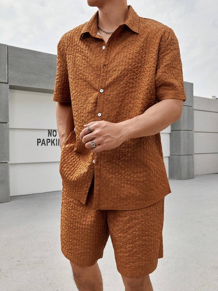 Men's Plus Size Textured Short Sleeve Shirt And Shorts