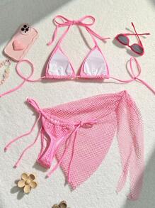 Swim Mod Conjunto de bikini con textura decorada con conchas marinas para mujeres, atuendos de playa de verano - Rosa - Ver 2