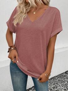 SHEIN LUNE T-shirt Mit Fledermausärmeln Und V-ausschnitt Für Damen - Rostige Rose - Übersicht 6