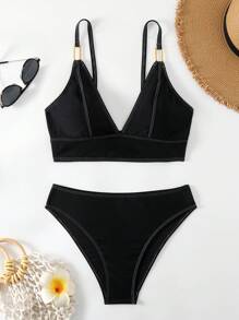 SHEIN Swim Women's See-Through Deep V-Neck Bikini Set With Spaghetti Straps Summer - Black - View 4