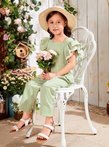 SHEIN Trẻ Cô gái Cổ vuông Tay áo xù Dây kéo sau Áo liền quần - màu xanh lá - Xem 4