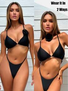 SHEIN Swim 女士纯色细肩带连体泳衣 夏季 - 黑色 - 查看 1