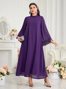 Al Najma Stand Collar Tassel Cuff Bell Sleeve Dress - Purple - View 8