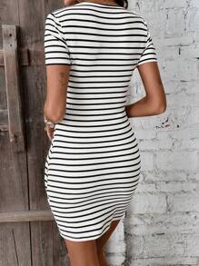 SHEIN LUNE 女士條紋短袖連衣裙 - 黑與白 - 查看 2