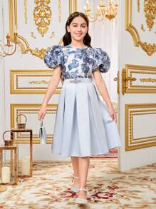 SHEIN 2pcs Tween Girl Sibling Outfits: Jacquard Round Neck Puff Sleeve Shirt And Color-Block Mini Skirt Set