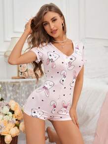 Mono De Pijama De Seda De Leche Con Impresión Digital De Conejo Con Cuello En V Para Mujer, 140g