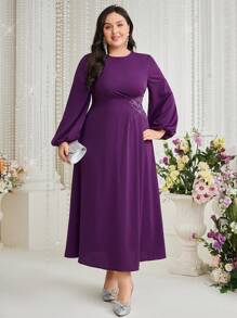 Modelyn Plus Size Rhinestone Decor Pleated Waist Lantern Sleeve Dress Long Evening Dresses - Purple - View 8