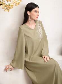 Al Najma Women's Beads Embroidered V-Neck Arabic Modest Full Length Dress - Khaki - View 6