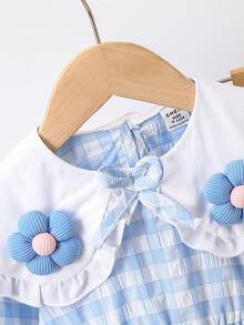 嬰兒女春夏季彼得潘領格子襯衫+牛仔喇叭褲套裝 - 藍色 - 查看 3