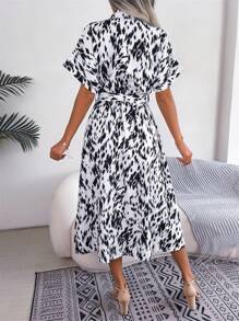 Spring/Summer New Casual Loose Leopard Print Drawstring Short Sleeve Dress - White - View 2