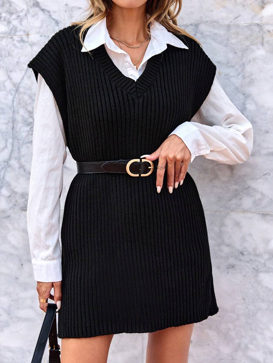 EURMUSE Solid Split Hem Sweater Vest Without Blouse - Black - View 1