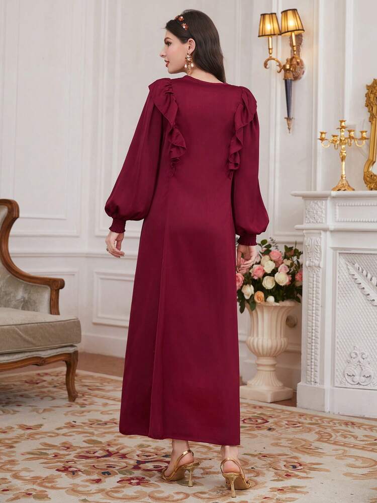 Burgundy Red Diamond Decorated Lantern Sleeve Dress With Ruffle Hem