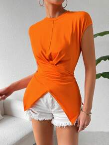 SHEIN Essnce Của phụ nữ Giải trí Kỳ nghỉ trái cam Màu sắc Đan chéo Hem Màu thuần Áo thun Cho mùa hè - trái cam - Xem 3