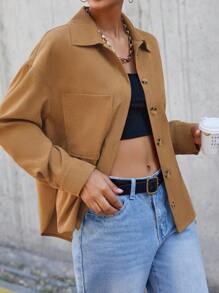 EURMUSE Shirt mit Drop Shoulder Tasche Flicken, Knopf vorne,