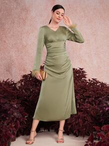 Modelyn Vestido largo de noche con dobladillo plisado y puños de manga esponjosos en color liso para mujeres