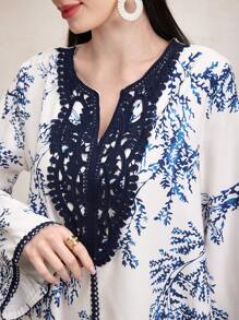 Al Najma 缺口 V 领印花休闲日常长袖衬衫、端庄全长 Jalabiya、休闲长袖连衣裙、卡夫坦 - 藍色 - 查看 8