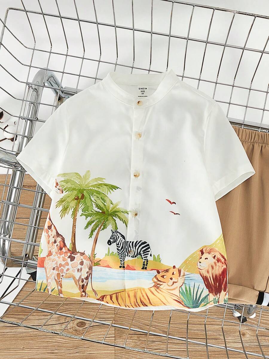 SHEIN 1 Miếng Trẻ Con trai Dễ thương Thú vật & Cây dừa & Nhiệt đới Rừng nhiệt đới In Đứng cổ áo Ngắn tay Áo sơ mi Áo - trắng - Xem 1