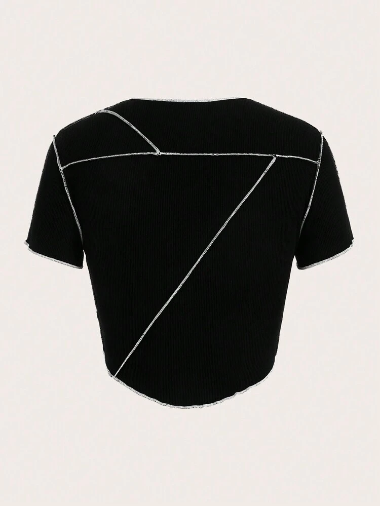 3pcs Summer 3 Color Patchwork Asymmetrical Hem Tight Fit Short Sleeve T-Shirt With Ribbed Edge(Pack Of 3)