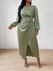 Celure Plus Size Lantern Sleeve Dress With Hollow Out Waist And Wrap Hem