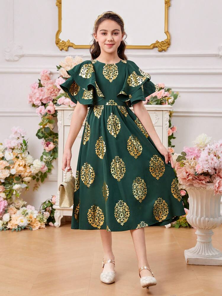 Tween Girls' Round Neck Double Layer Ruffle Sleeve Metallic Printed Dress