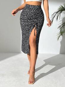 SHEIN PETITE Váy xẻ tà hoa sang trọng - Nhiều màu - Xem 1