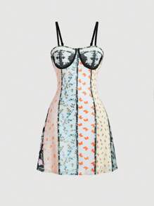 SHEIN MOD 女士花卉和蝴蝶印花細肩帶裙 - 彩色 - 查看 1