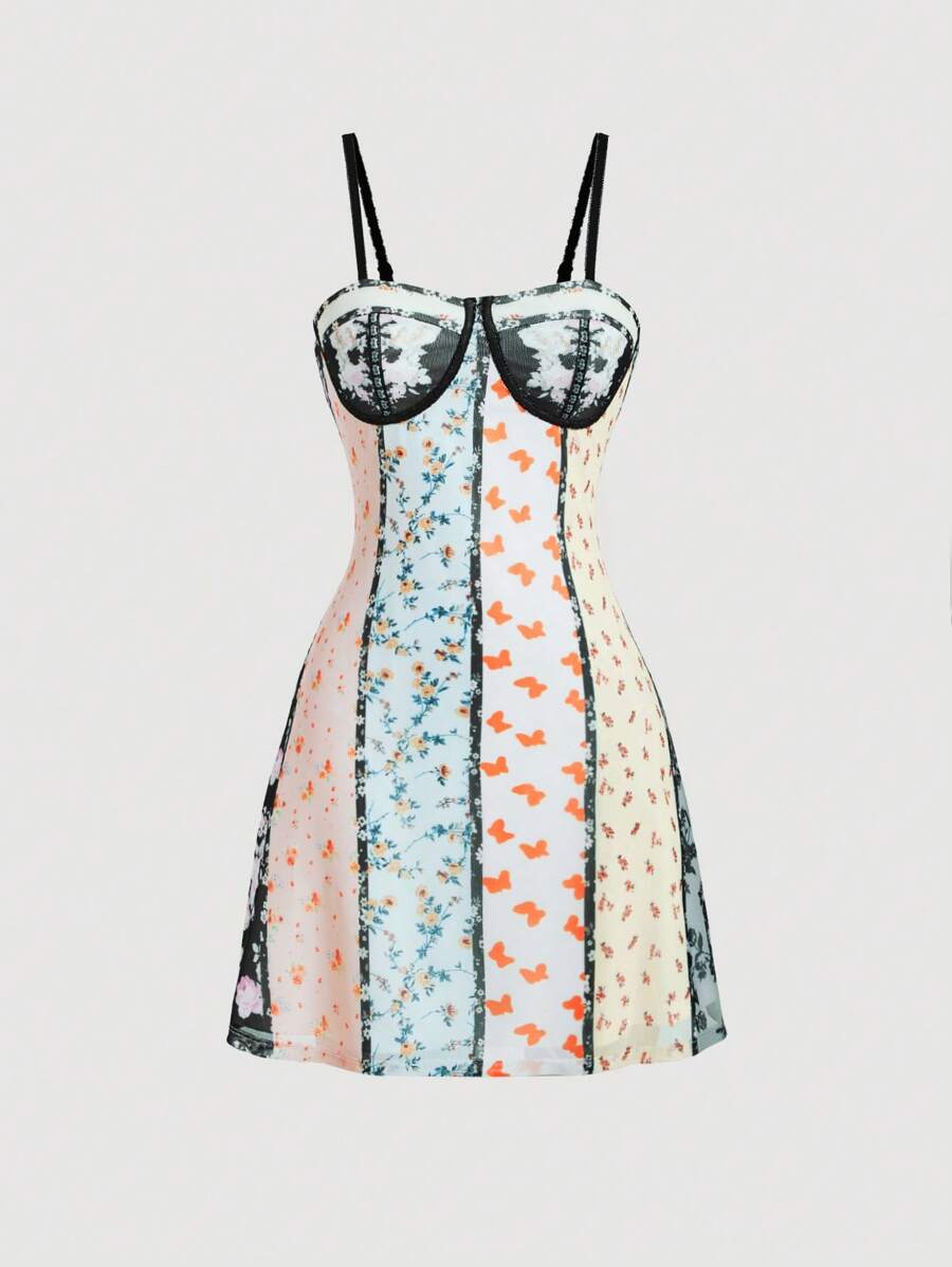 SHEIN MOD 女士花卉和蝴蝶印花細肩帶裙 - 彩色 - 查看 1