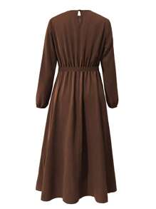 女士时尚圆领长袖束带连衣裙