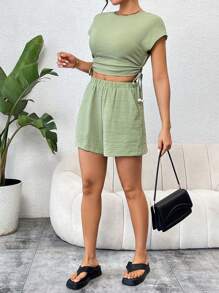 SHEIN Essnce Của phụ nữ Mùa hè giản dị Kỳ nghỉ Textured Chất vải Dây rút Xù Áo Và Túi Quần short Hai chiếc Bộ - Màu xanh Bạc hà - Xem 4