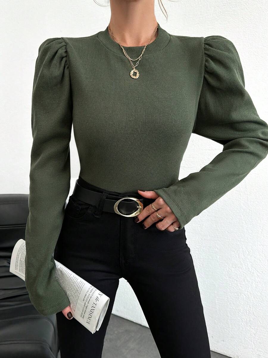 SHEIN Cottnline Women's Stand Collar Leg-Of-Mutton Sleeve T-Shirt - Dark Green - View 1