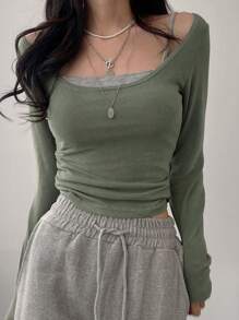 DAZY 女式两件套吊带背心和 T 恤，秋季服装长袖女上衣 - 軍綠色 - 查看 6