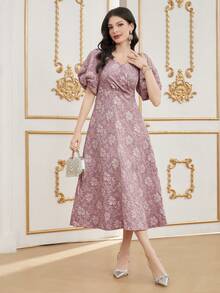 Modelyn Của phụ nữ Ngắn tay Dệt hoa Đầm - Hồng - Xem 4