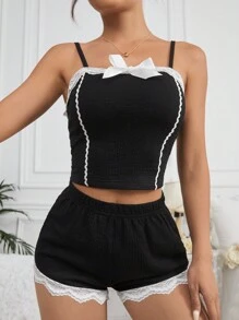 Women's Bow Knot Decorated Lace Trimmed Vest Top And Shorts Pajama Set