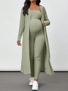SHEIN Maternity Solid Color Long Sleeve Jacket And Strapless Jumpsuit Set - Green - View 1
