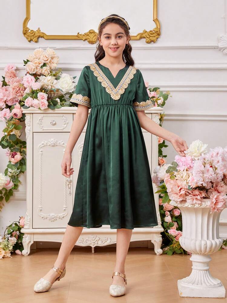 Tween Girls' Elegant Style Dress With Cut-Out Neckline, Weaving Belt Decoration