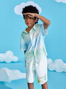 HELLO KITTY AND FRIENDS | SHEIN Tween Boy Cartoon Graphic Ombre Shirt & Shorts - Multicolor - View 8