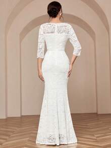 MIUSOL V-Neck Full Lace Mermaid White Evening Gown, Elegant Bridal Wedding Dress, For Valentine's Day - White - View 3