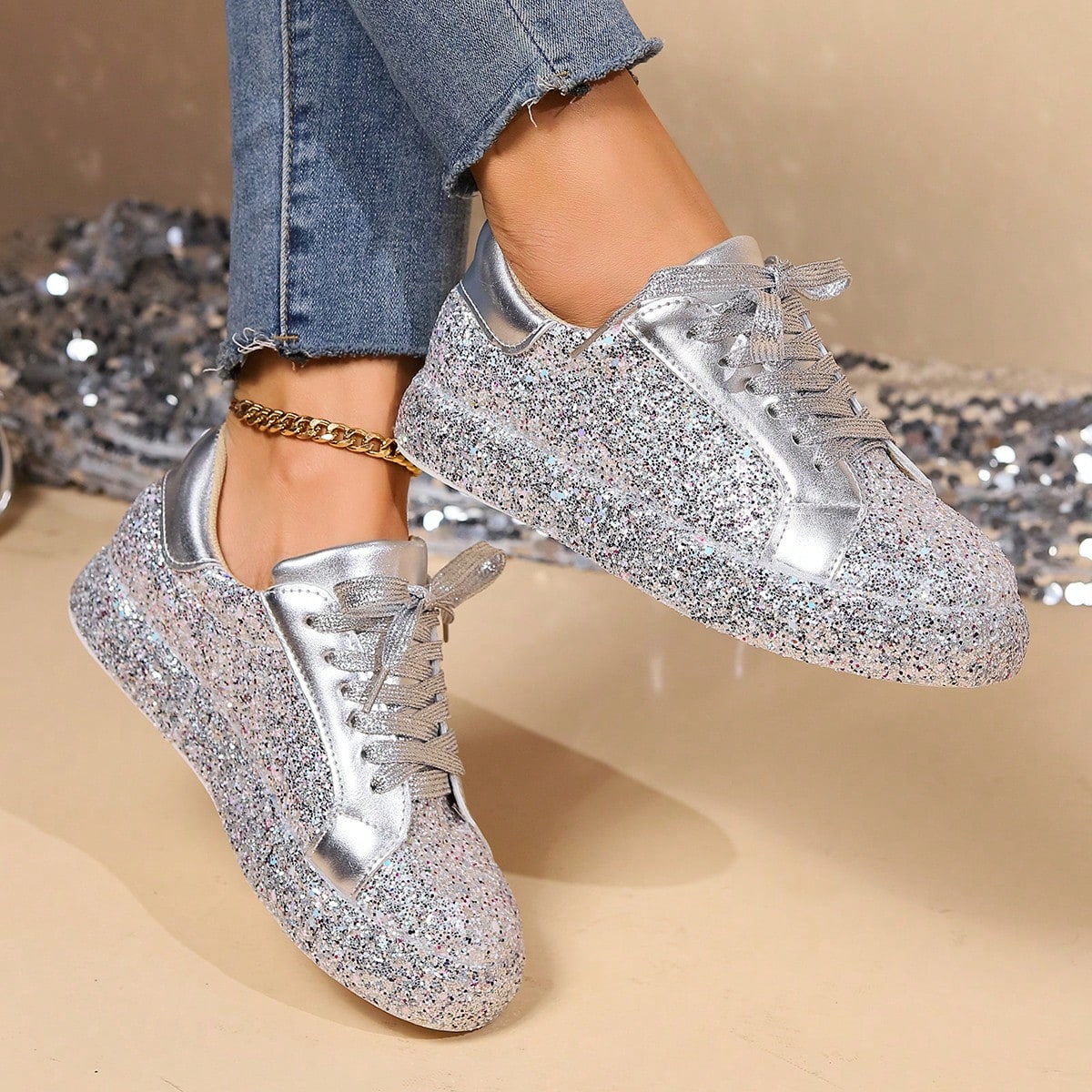 Zapatos deportivos casuales con cordones y decoración con brillo, zapatos planos de uso diario, tenis para mujeres de moda para otoño/invierno