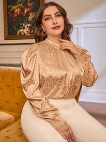 Modelyn Plus Size Women's Leopard Print Jacquard Puff Sleeve Shirt - Camel - View 1