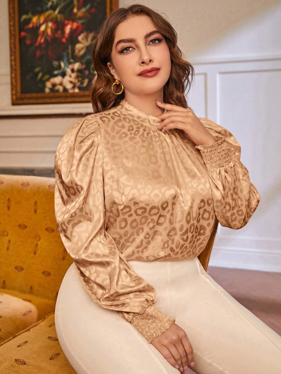 Modelyn Plus Size Women's Leopard Print Jacquard Puff Sleeve Shirt - Camel - View 1