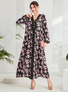 Al Najma 女士优雅花卉印花长袖连衣裙、朴素全长 Jalabiya 休闲长袖连衣裙 - 彩色 - 查看 4