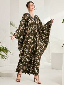 Al Najma Vestido De Manga Murciélago Con Estampado Floral - Verde - Ver 5