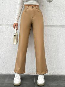 EURMUSE Women's Straight Leg Pu Leather Pants - Mocha Brown - View 5