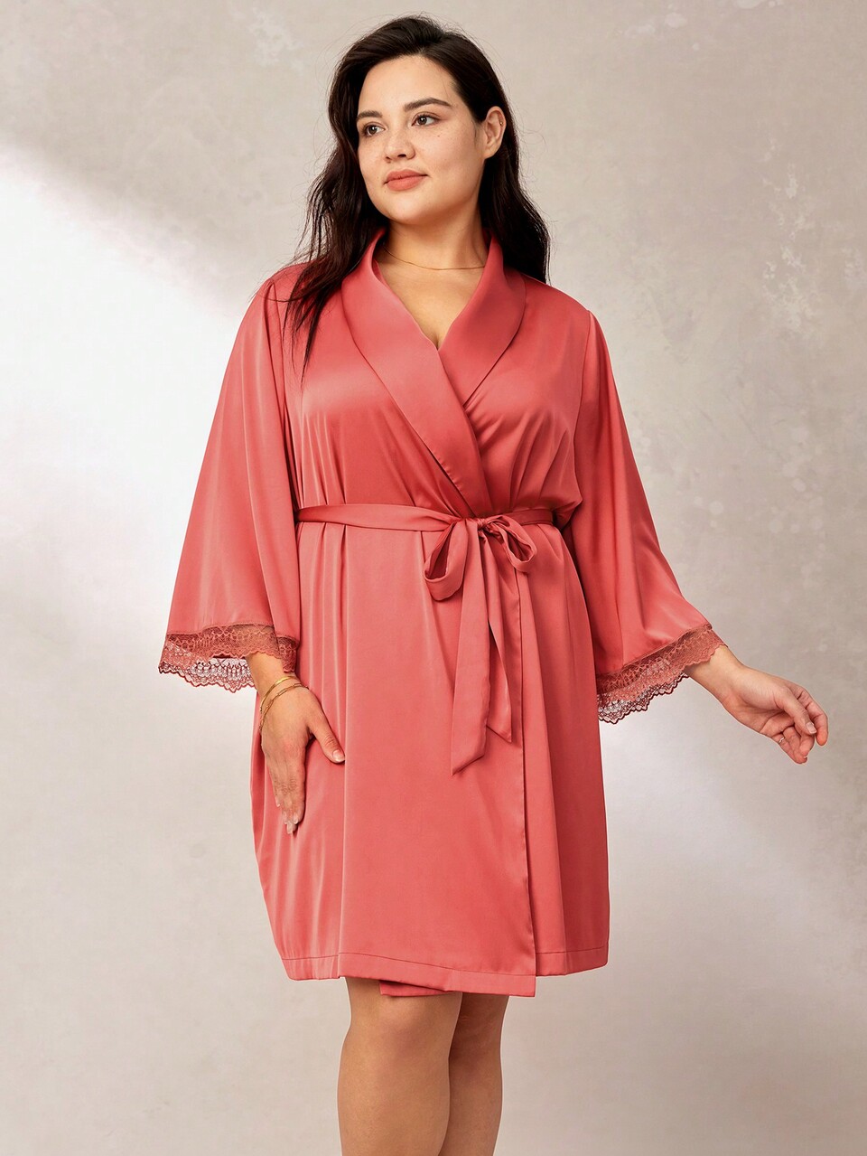 Women Wedding Essential Plus Satin Lace Short Robe & Sleep Mask Lingerie