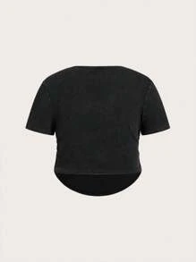 SHEIN EZwear Camiseta negra de manga corta y cuello en pico lavada, talla grande para mujer - Negro - Ver 3