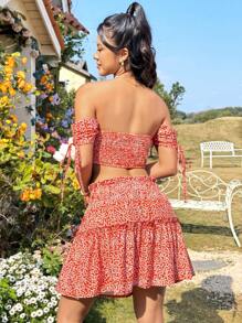 Soleia 花卉印花露肩上衣及荷葉邊裙子兩件套裝