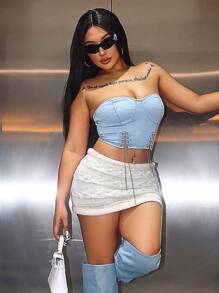 SHEIN SXY Women's Denim Bandeau Top With Frill Detail - Blue - View 3