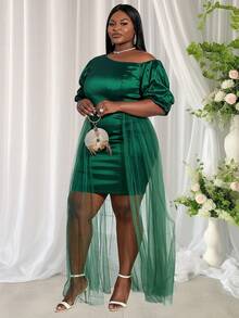 Plus Puff Sleeve Mesh Overlay Dress - Dark Green - View 3