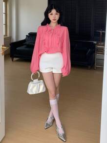 DAZY 女式灯笼袖荷叶边系带长袖衬衫 - 玫紅色 - 查看 3